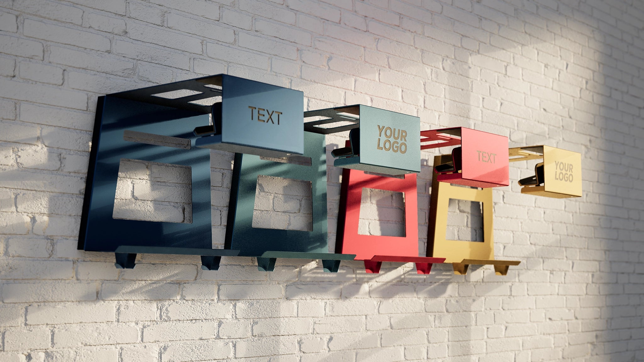 Customized Hold My Bike (HMB) bike wall mounts with customizable text and logo on a white brick wall – stylish indoor bike storage solutions for your home